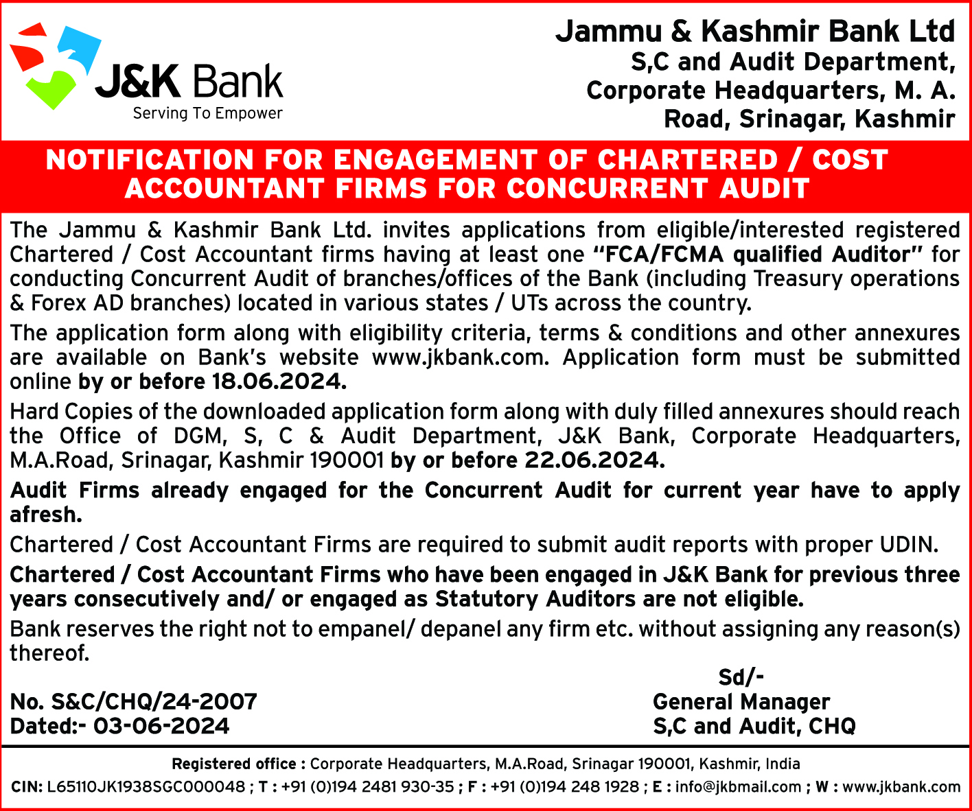 Engangement of Retired Officers of J&K Bank for Concurrent Audit